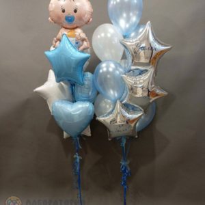 Фонтаны из фольгированных звезд и сердец с пупсом на выписку