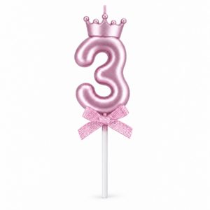 Свеча 3, розовая с короной, 6 см